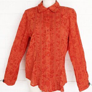 CHICO'S 2 L 12 14 Orange Tone On Tone Floral Tucked Detailing Lightweight Top